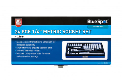 24 PCE Chrome 1/4" Deep & Shallow Socket Set 4-13mm Ratchet, Spinner & Ext Bar