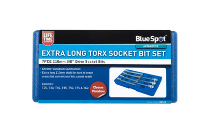 7 PCE Chrome 3/8" Extra Long Torx Socket Bit Set T25-T60, Includes Plastic Case