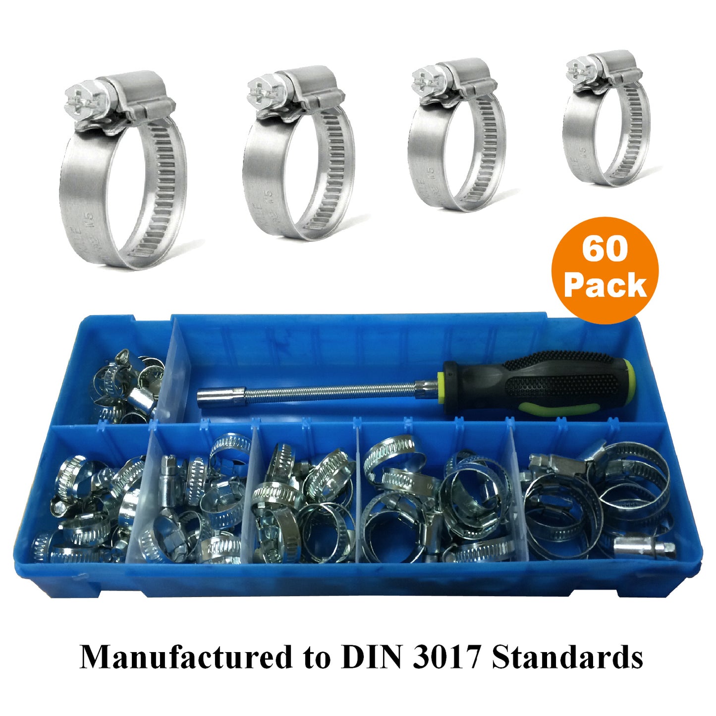 60 x Assorted Worm Drive Jubilee Hose Clamps & Flexible Driver