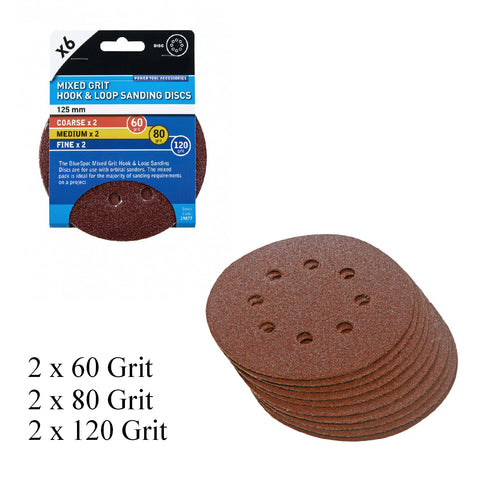 6 x Mixed Grit Hook and Loop 125mm Sanding Disc Sheets<br><br>