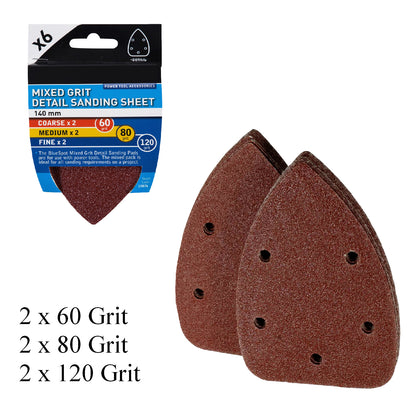 6 x Mixed Grit Hook and Loop 140mm Detail Sanding Sheets