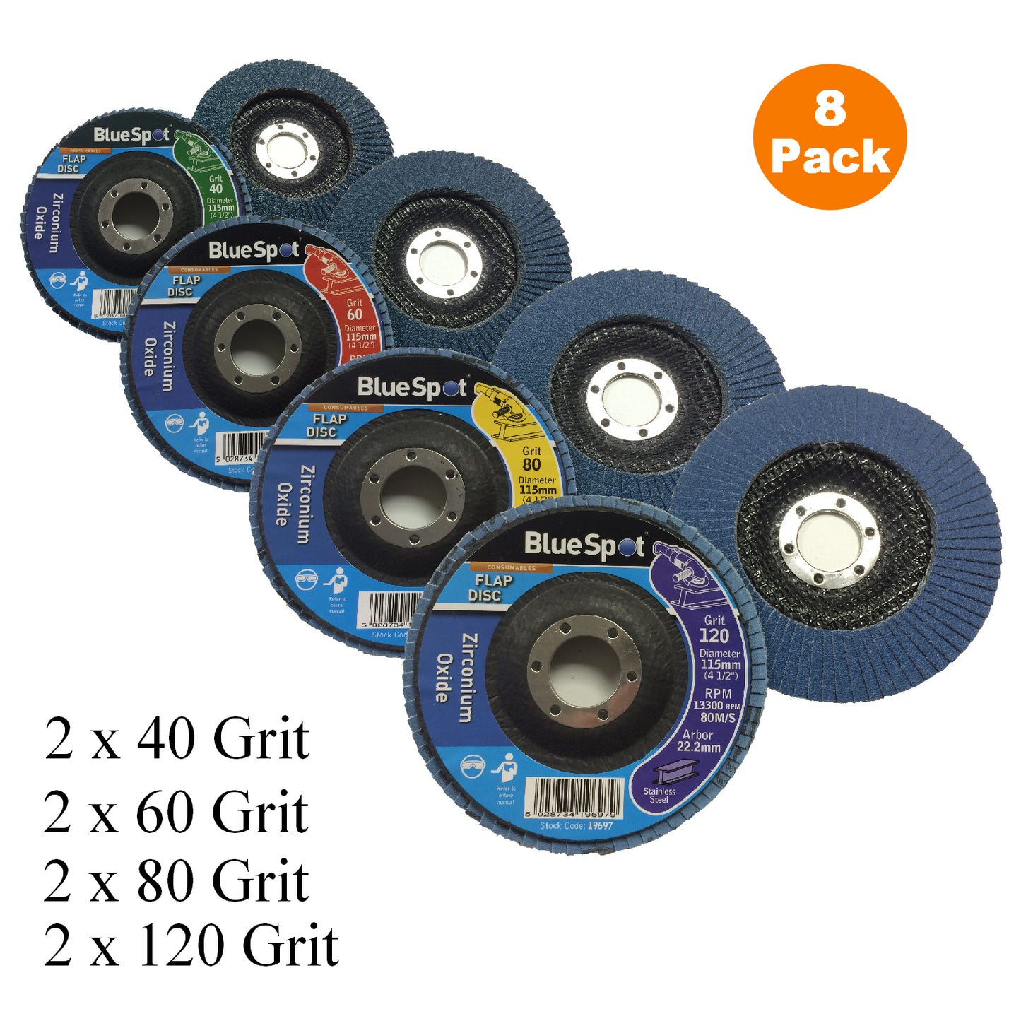 8 x Mixed Grit Flap Wheel Sanding Discs 115mm Zirconium Oxide