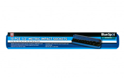 10 PCE Chrome 1/2" Shallow Impact Socket Set 9-27mm, Includes Metal Tin Case