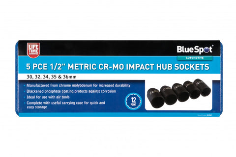 5 PCE 1/2" Cr-Mo Impact Hub Nut 12 Point Sockets 30-36mm, Inc Carrying Case