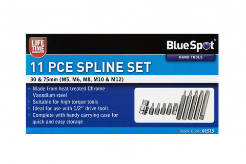 11 PCE 1/2" Drive Spline 30mm & 75mm Bit Set M5-M12, Including Plastic Case