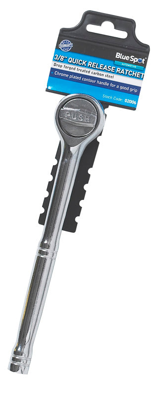 Chrome Plated Quick Release 3/8" Push Ratchet, Features Contoured Handle