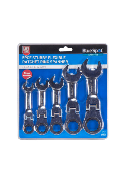 5 PCE Flexible Stubby Ratchet Spanner Set 10-19mm, Pivoting Ratchet