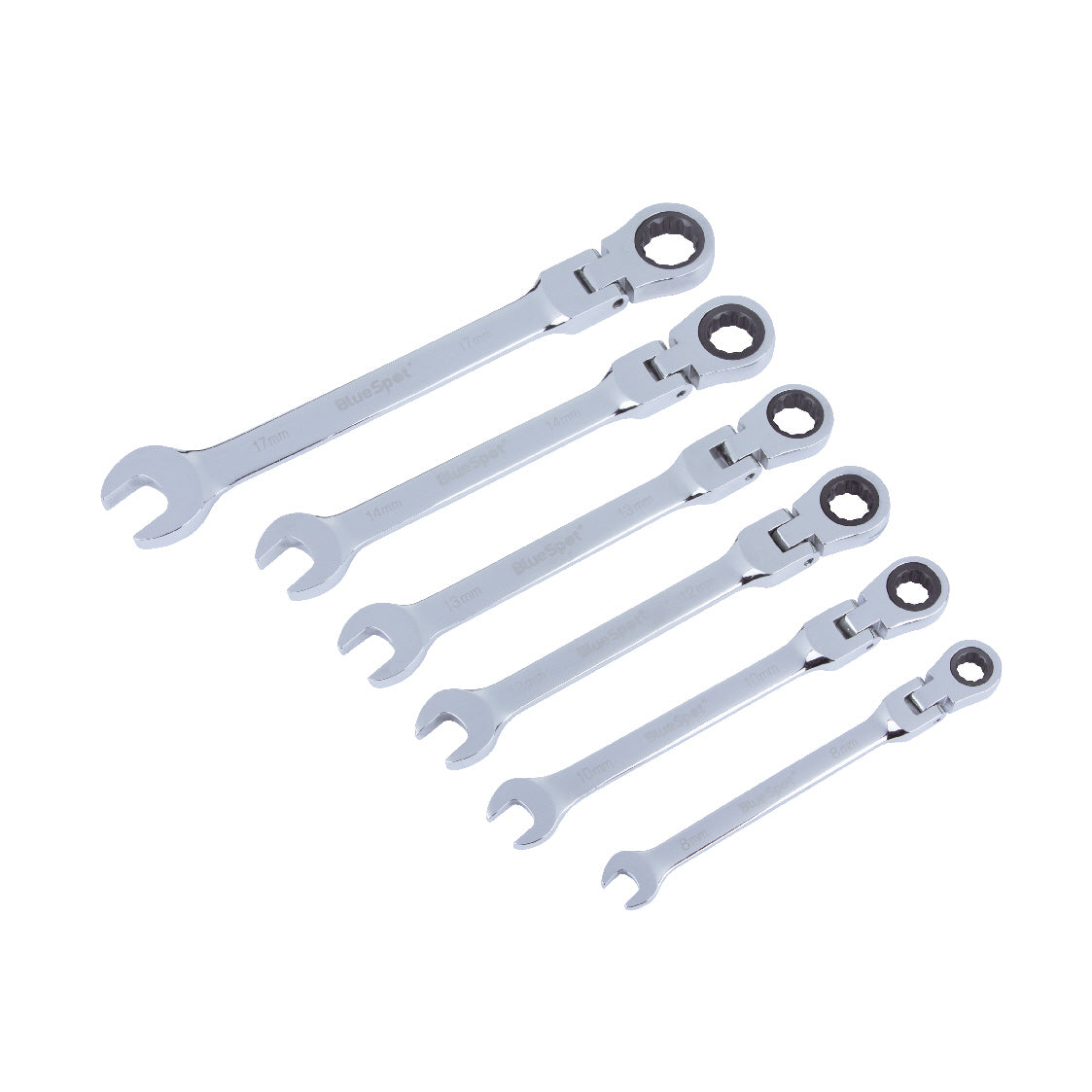 6 PCE Chrome Flexible Ratchet Spanner Set, Featuring Pivoting Ratchet