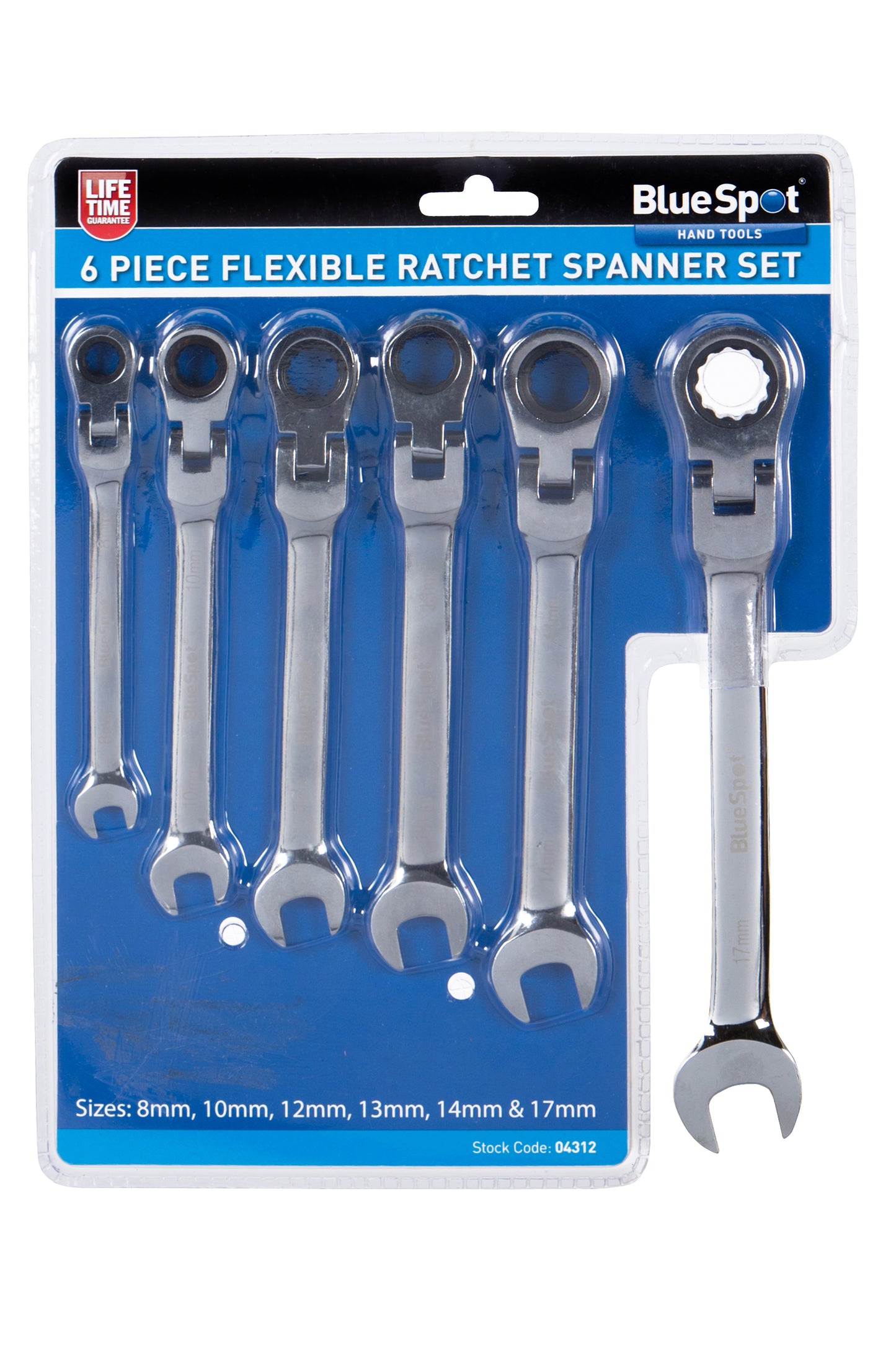 6 PCE Chrome Flexible Ratchet Spanner Set, Featuring Pivoting Ratchet