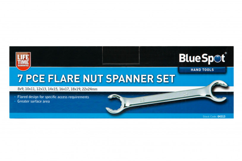 7 PCE Chrome Flare Nut Spanner Set 8-24mm, Featuring 15° Jaw