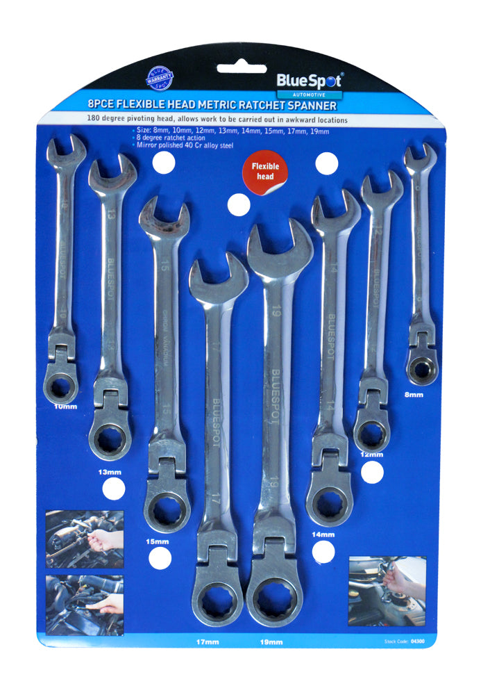 8 PCE Chrome Polished Flexible Metric 8-19mm Ratchet Spanner Set