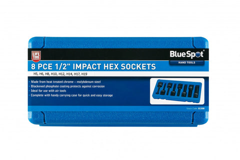 8 PCE Impact Hex 1/2" Socket Set in Carrying Case H5-H19, Ideal for Air Tools