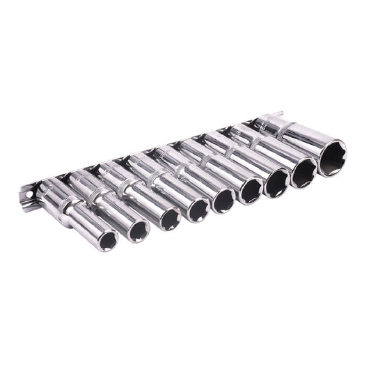 9 PCE Chrome 1/2" Metric Deep Socket Set 10-22mm, Includes Socket Rail