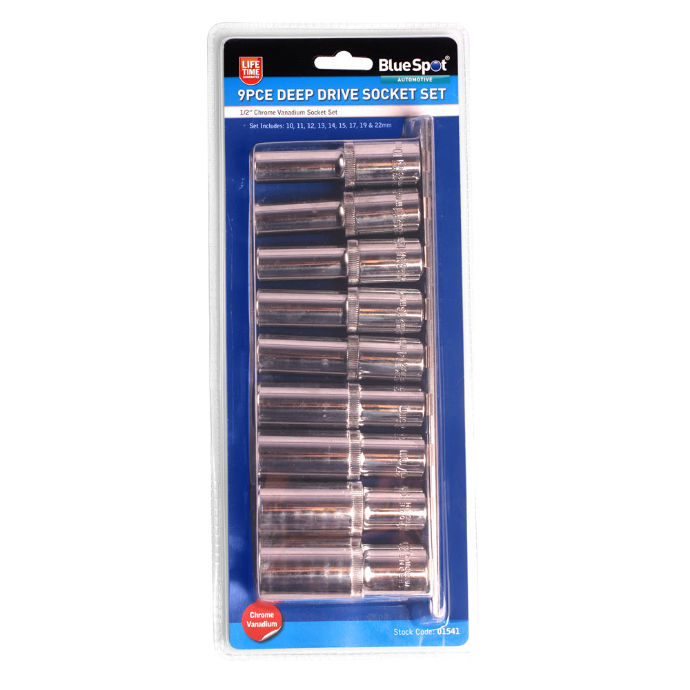 9 PCE Chrome 1/2" Metric Deep Socket Set 10-22mm, Includes Socket Rail