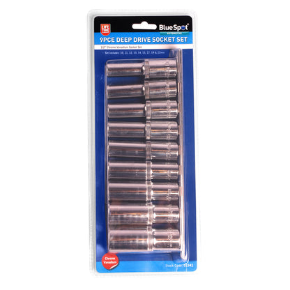 9 PCE Chrome 1/2" Metric Deep Socket Set 10-22mm, Includes Socket Rail